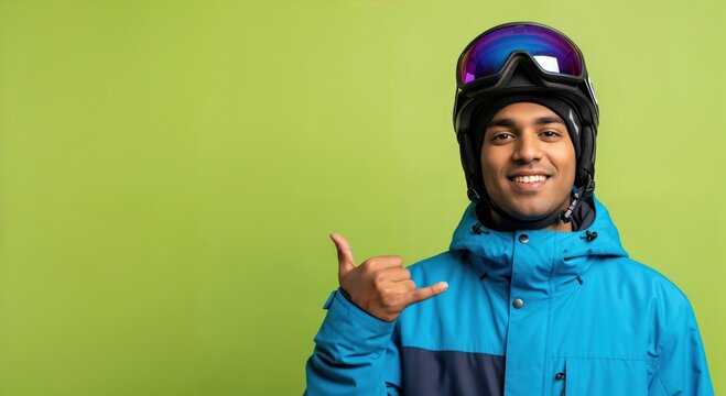 Happy young adult Indian man in ski helmet and blue winter jacket smiling, making a 'call me' hand gesture, ready for winter sports on a vibrant green background.