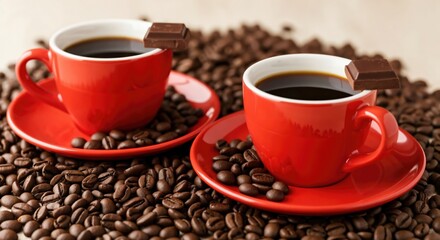 Fototapeta premium Two vibrant red coffee cups filled with dark coffee, each adorned with a chocolate square, surrounded by a rich scattering of roasted coffee beans, creating a cozy and inviting scene.
