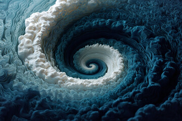 Abstract spiral texture resembling a vortex or wave made of textured clay in contrasting deep blue and white colors.
