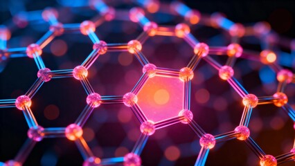 Hexagonal molecular structure with glowing nodes and bonds, illuminated in vibrant colors against a dark background