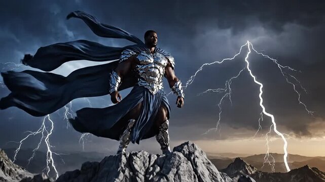 Powerful Black Superhero in Armor on a Mountain During a Lightning Storm.