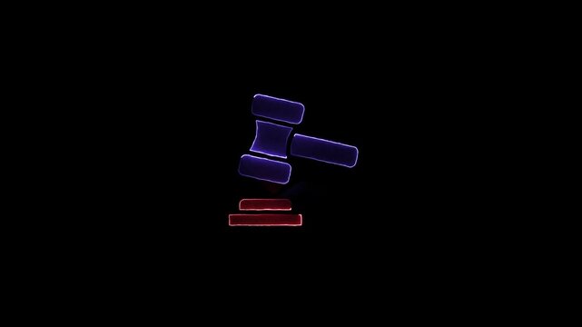 Purple Glowing Gavel and Sounding Block Icon on Black Background justice court