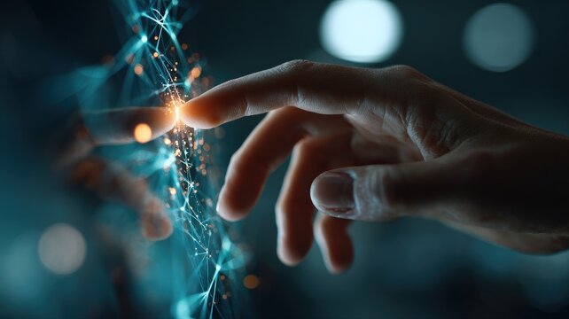 cinematic close-up of a human hand gently touching a transparent screen displaying abstract data visualizations and interconnected lines, cool blue and green light, bokeh effect