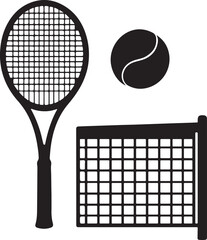 Tennis Racket Ball and Net Silhouette Vector Illustration