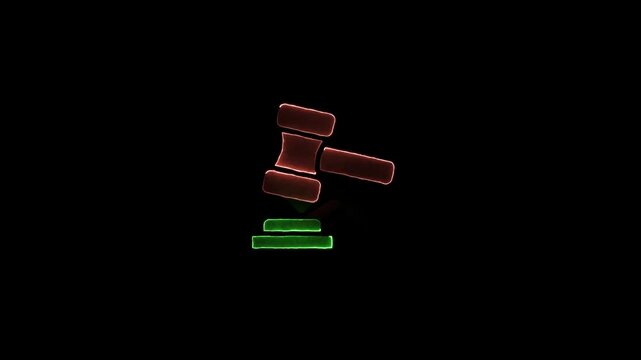 Red and Green Glowing Gavel and Sounding Block Icon on Black Background justice court