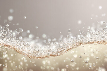 Close-up view of liquid with a cresting wave and numerous sparkling champagne-like bubbles on a soft, golden, celebratory background.
