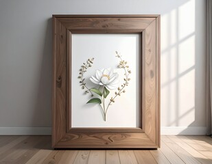 Elegant White Flower Artwork in Rustic Wooden Frame on a Sunny Day.