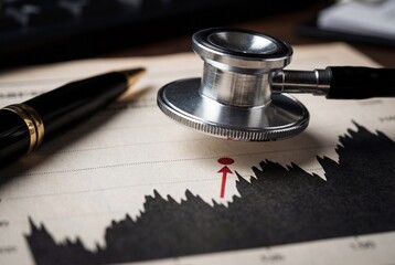 Silver stethoscope head resting on financial analysis chart with black graph and pen