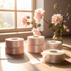 Elegant satin ribbons in various shades of pink and cream, bathed in soft sunlight by a window, with delicate flowers in a vase in the background, creating a serene and artistic composition perfect f.
