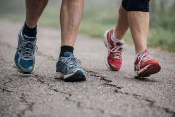 Close up of couple legs jogging on asphalt road wearing blue and red running shoes during workout