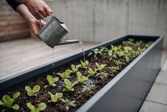 Gardener hands watering young green seedlings in a raised planter box on a concrete urban balcony - Powered by Adobe
