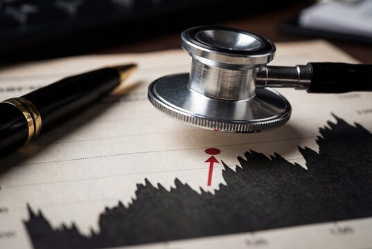 Silver stethoscope head resting on financial analysis chart with black graph and pen