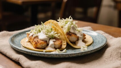Delicious Shrimp Tacos with Creamy Sauce and Shredded Cabbage on a Rustic Plate.