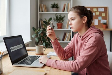 Young woman holding a padlock while looking at a laptop screen displaying password protected text