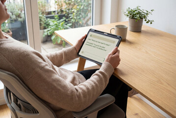 Person using smart AI assistant on tablet screen to manage daily tasks in bright home office