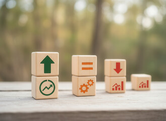 Wooden cubes showing KPI comparison icons arranged with natural depth and minimal softly blurred background..png