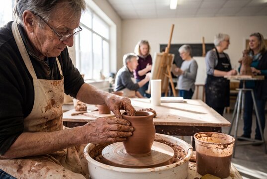 Focused senior man shaping clay on pottery wheel in art studio with blurred students in background - Powered by Adobe