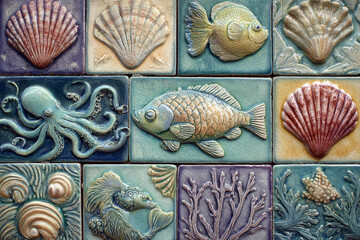 Close-up of decorative, colorful ceramic tiles featuring bas-relief carvings of seashells, fish, and an octopus. Nautical art.