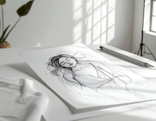 Fashion Illustration Sketch of a Woman with Flowing Hair on a White Desk with Natural Light.