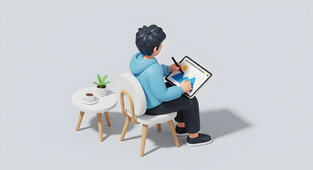 3d icon of 3d render of a person sitting on a chair and drawing on a tablet isolated on white background