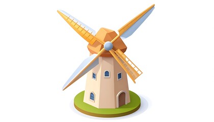 Cartoon windmill with beige walls, brown roof, and 4 blades on a green base, isolated on white background