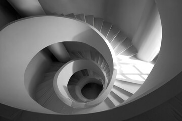 Abstract high-angle view of a white architectural spiral staircase. Monochrome, geometric design with ambient light.