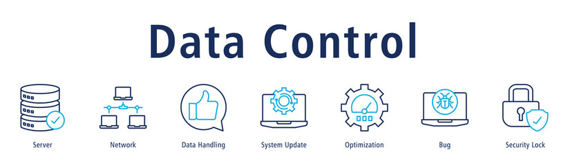 Data Control banner with icons of Server, Network, Data Handling, System Update, Optimization, Bug and Security Lock.