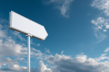 Blank white directional arrow sign against a blue sky with dramatic, volumetric white clouds.