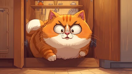 Fat orange-and-white cat with half its body inside a warm wooden kitchen cupboard, its fluffy tail sticking out, huge round eyes wide with shock, displaying a guilty yet amusing expression, soft warm 