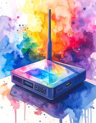 Blue electronic device standing before a watercolor burst of colors