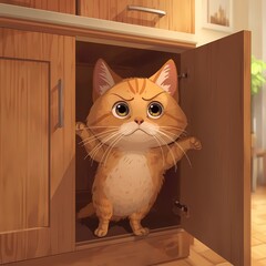 &ldquo;Chubby orange tabby cat sticking halfway inside a snack cupboard, back legs dangling out, startled expression with big round eyes, humorous and mischievous vibe, soft warm indoor lighting, cartoonish