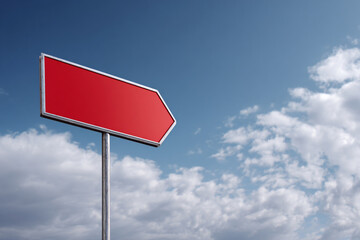 Clean red directional arrow sign against a bright blue sky with white clouds. Blank space for text.