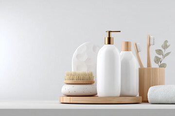 Minimalist bathroom hygiene concept: white bottles, natural brushes, wood accessories, and a towel on a clean shelf.