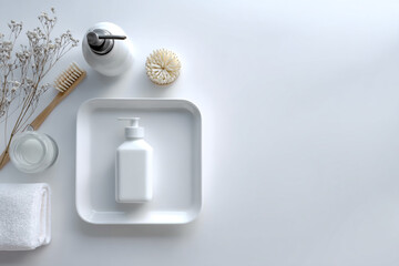 Flat lay of minimalist, white bath and hygiene products, including lotion, soap, scrub brush, and towel on a white background.