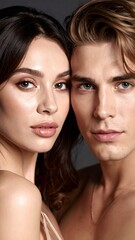 Intimate portrait of a young couple, showcasing their connection and beauty with a soft, natural aesthetic.