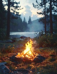 Campfire burning brightly near a lake under a dawn sky with trees in the background