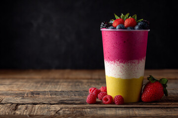 Red, white, and yellow layered smoothie cup with a generous topping of mixed fresh berries.