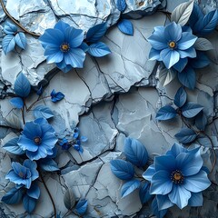 Blue floral vines intertwine over fractured rock, with blooms arranged around textured surface