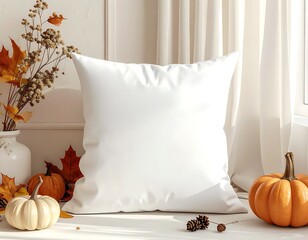 Bright, cozy scene with a white cushion, pumpkins, autumn leaves, and soft light from a window
