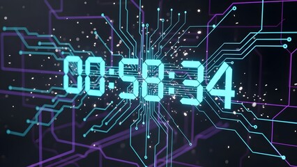 Digital countdown timer with circuit board background representing technology and time passing