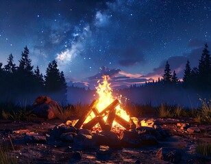 Campfire crackles brightly under a starlit night sky, surrounded by trees and rocks, a serene outdoor scene
