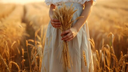 A woman in a white dress holds a bundle of wheat in a wheat field during sunset. The scene is bathed in the warm hues of the setting sun.