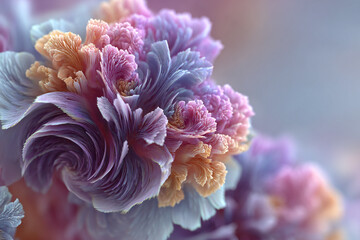 Highly detailed, colorful micro-organisms or symbiotic bacterial forms creating stunning, intricate, petal-like swirling structures. Biology and science abstract.