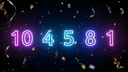 Neon glowing numbers representing a year or countdown against a dark blurred background