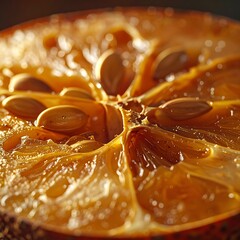Bright cross-section of an orange fruit, showing segments and numerous seeds. Close-up captures texture and golden hues