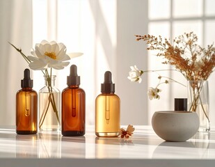 Natural Skincare Serums and Essential Oils with Floral Decor.