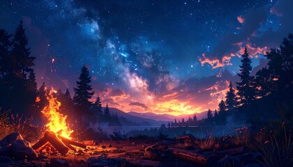 Campfire glows warmly by a lake with a starry, colorful sky and silhouetted trees and mountains