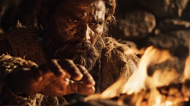 Primitive bearded man warming his hands by a campfire at night in a dark cave.