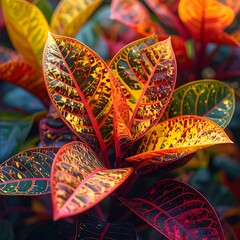 Bright Croton plant leaves show vivid autumn-like colors; red, orange, green, and yellow in close-up