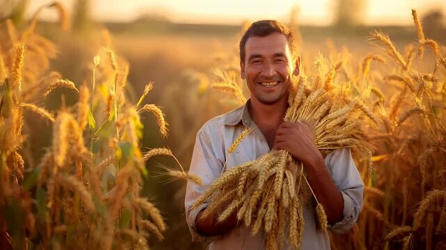 A man in a wheat field during sunset, holding a bundle of wheat.